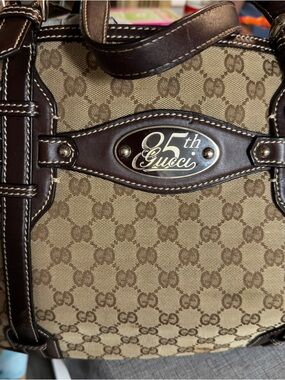 Gucci Beige and Dark Brown Monogram Briefcase with 85th Anniversary Plaque •